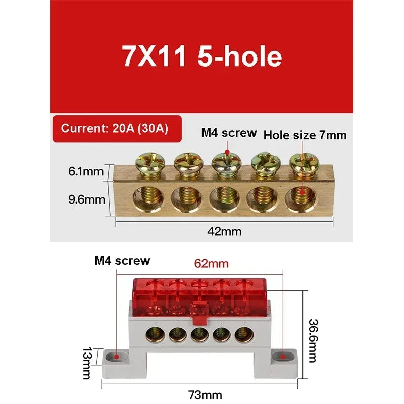 A10 Series 7*11 9*14 3/4/5/6/7/8/10/12 Hole Zero Ground Row Copper Bar Connection Terminal Wiring Terminal of Distribution Box
