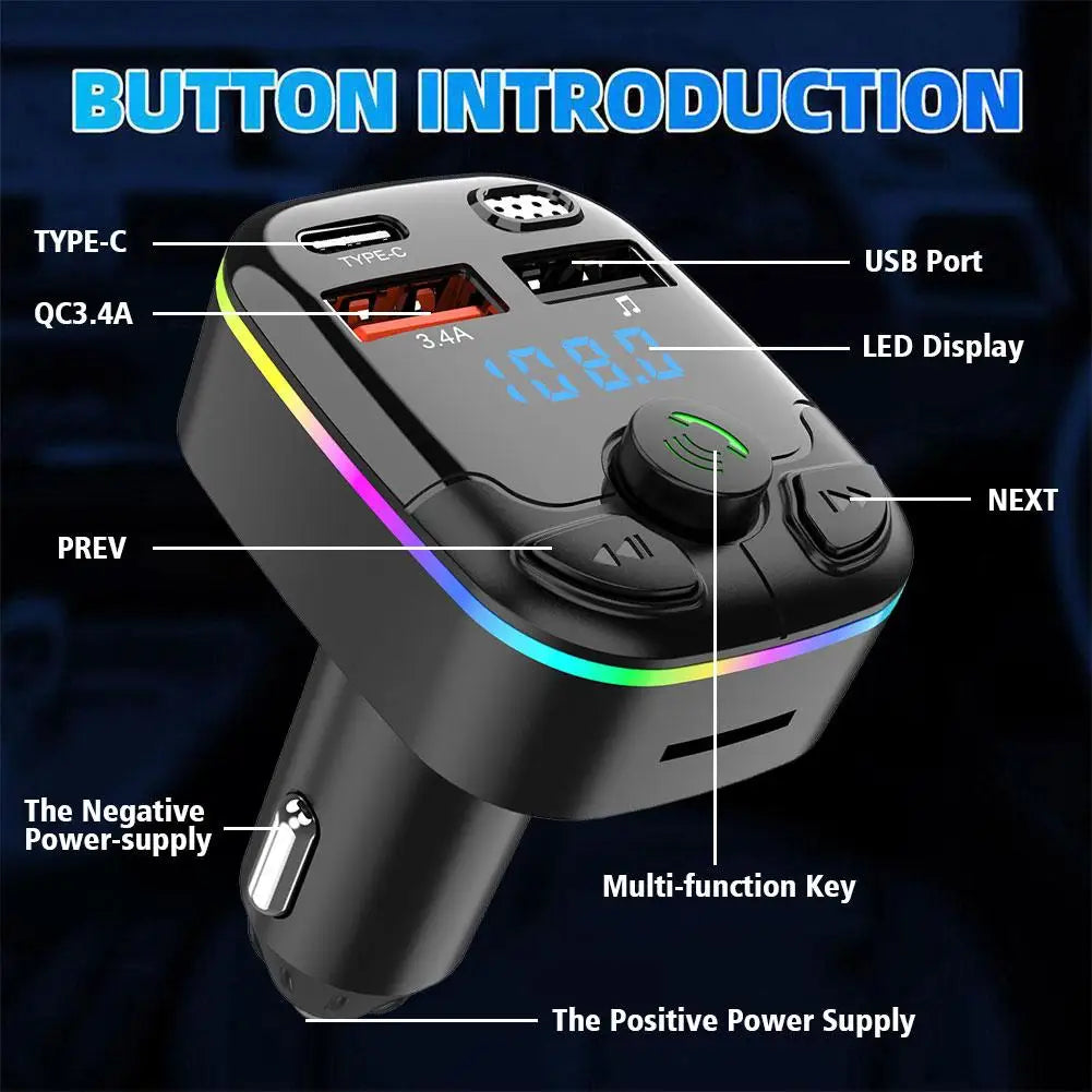 Car Bluetooth 5.0 FM Transmitter Type-C Dual USB Ambient Player Handsfree MP3 Type-C Wireless Light PD QC3.0 Car Charger Adapter
