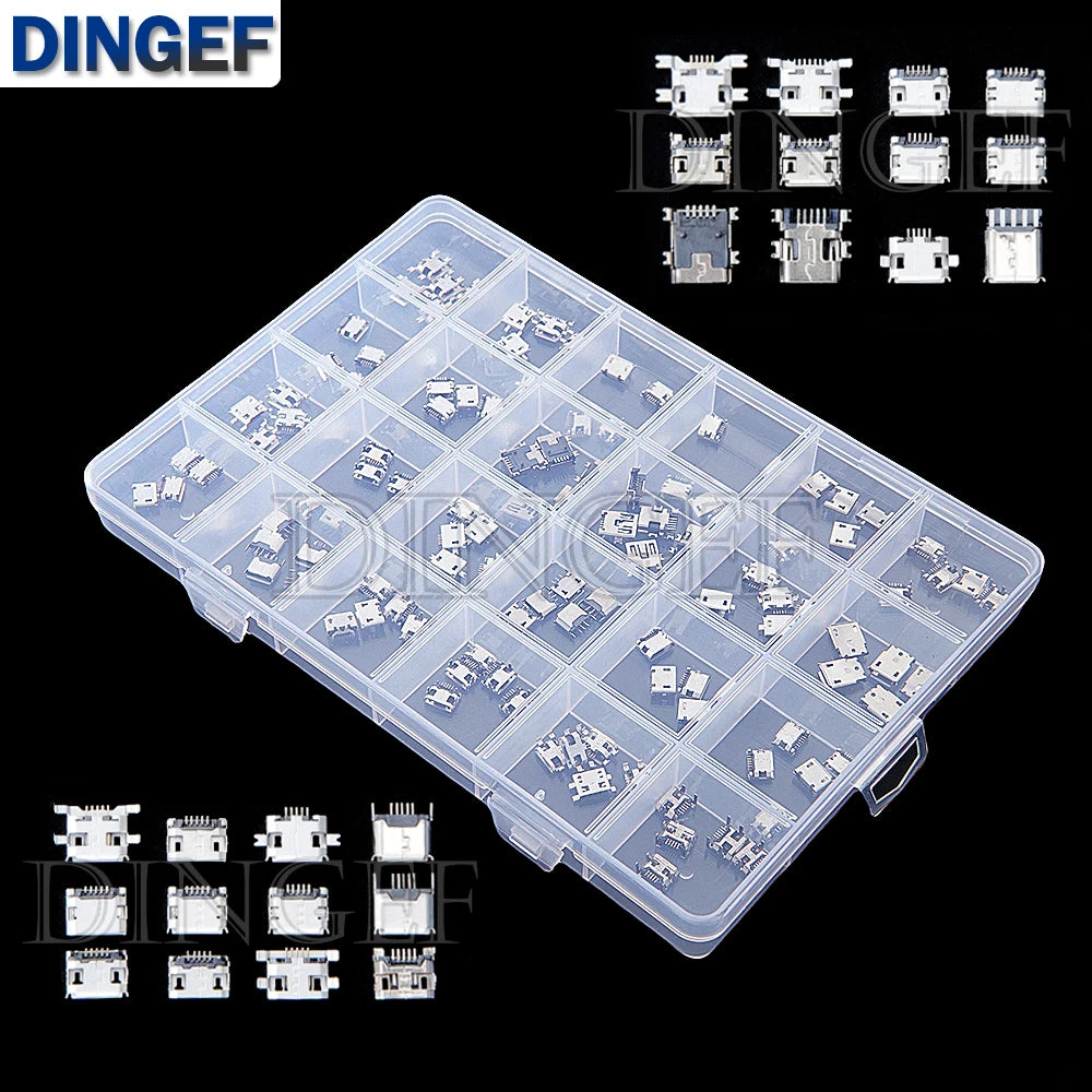 120Pcs Micro USB Connector Kit 24 Models Female Mini Usb Soldering Connectors Diy For MP3/4/5 Samsung Huawei SMD DIP Socket Kit