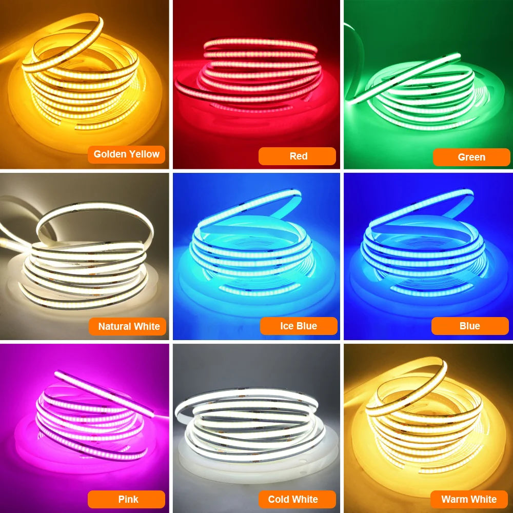 3mm 5mm PCB Battery Power COB LED Strip Light 5V Warm Natural White Blue Red Green Pink Tape 320LEDs 8mm High Density Flex Lamp