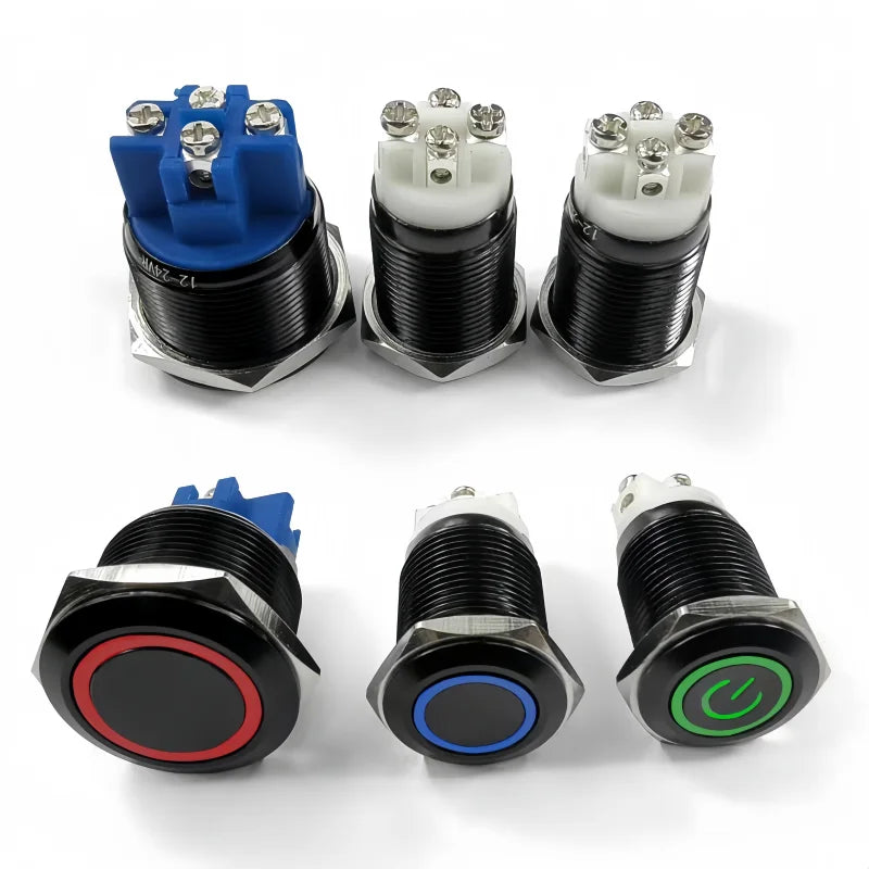 16/19/22MM Push Button Switch Screw Terminal Self-locking Latching Momentary Metal Black 12/24/220V Waterproof Power Start Stop