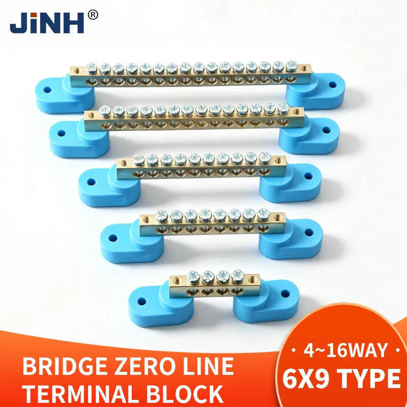 JINH High Bridge Type Grounding Busbar 6x9mm, 4/6/8/10/14/16 Poles, JHT6-0609, Terminal Strip for Distribution Box