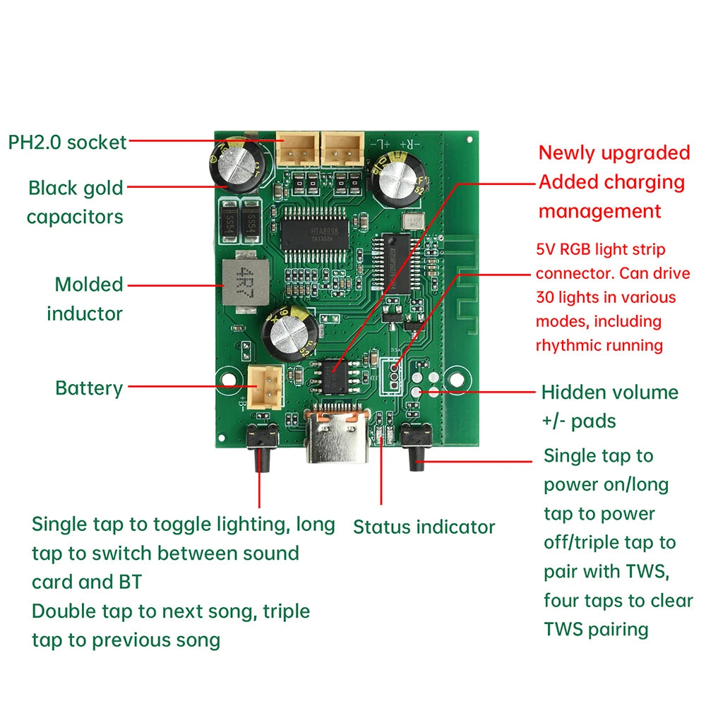 DC 5V/3.7V Tws Stereo Bluetooth Power Amplifier Board Quality Dual Channel 2x10W Audio Sound Module Car speakers