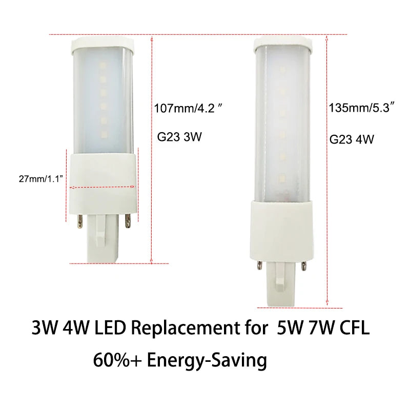 2PC G23 LED Bulb Bar Tube 2Pin 3W 4W 5W CFL PL-S 7W-13W Replacement 110V/220V 3000K/4000K/6000K White G23 Plug Saving Light Lamp