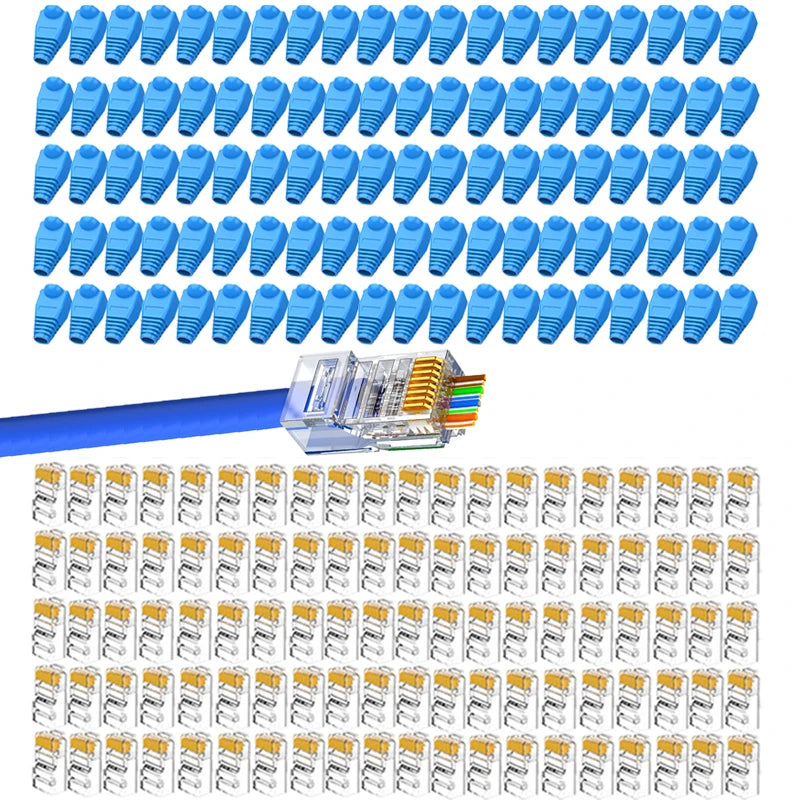 RJ45 Connector CAT6 Pass Through Connectors Crystal End Gold-Plated 8P8C UTP Protective Case Ethernet Network Modular Plug