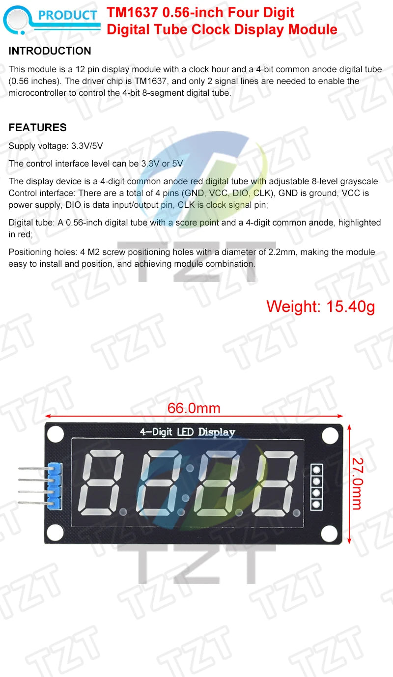 TM1637 LED Display Module for Arduino 4 Digit Tube 7 Segment 0.56 inch Time Clock Indicator Module Red Blue Green Yellow White