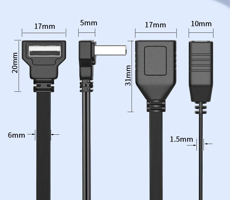 65W USB 1 to 2 Fast Charging Elbow Computer Extension Cord Flat Data Cable Mobile Phone Car Expander Carplay Splitter 10/20cm