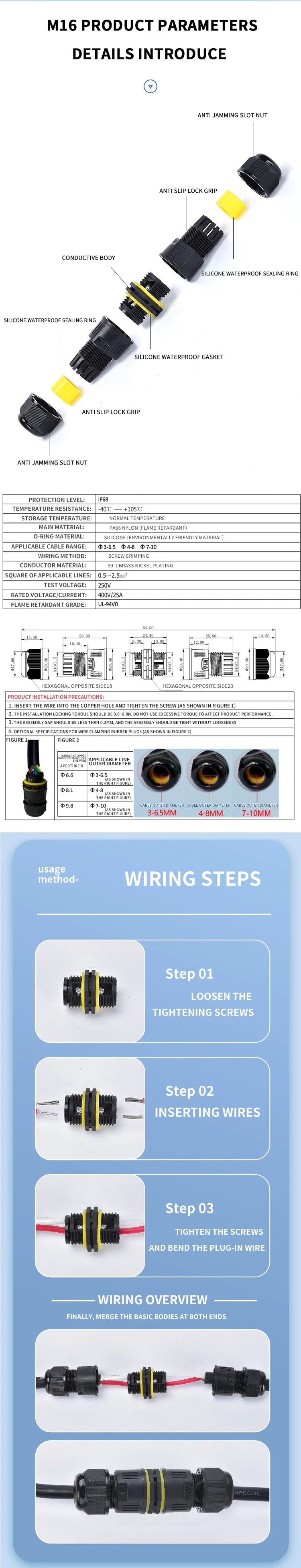 IP68 M16 M20 M25 Male Female Docking Connector Waterproof 2/3/4/5 Pin Terminal Electrical Wire  Cable Connector For Outdoor