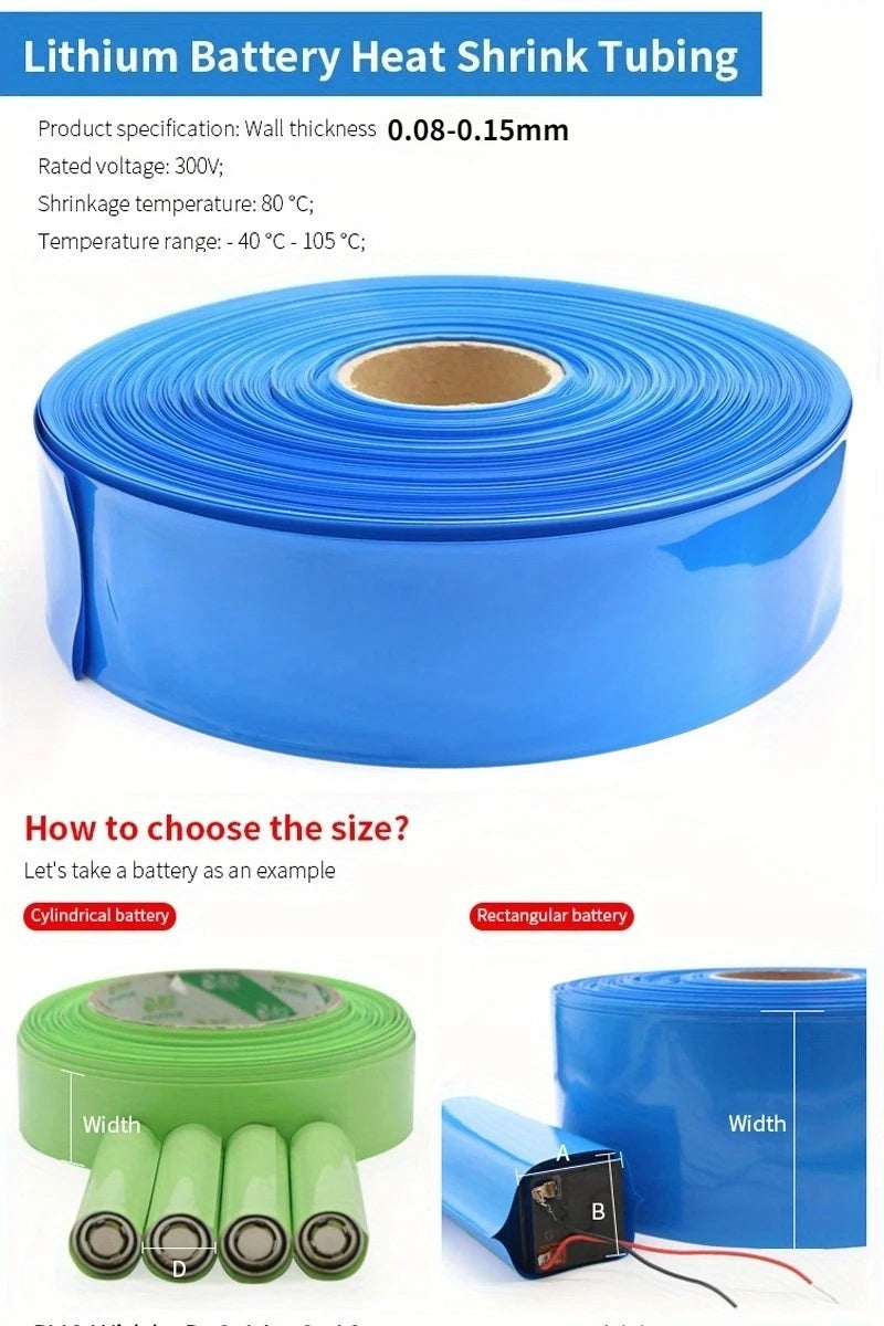 18650 21700 26650 Lipo Battery PVC Heat Shrink Tube Pack 25mm ~ 300mm Width Insulated Film Wrap Lithium Case Cable Sleeve Blue