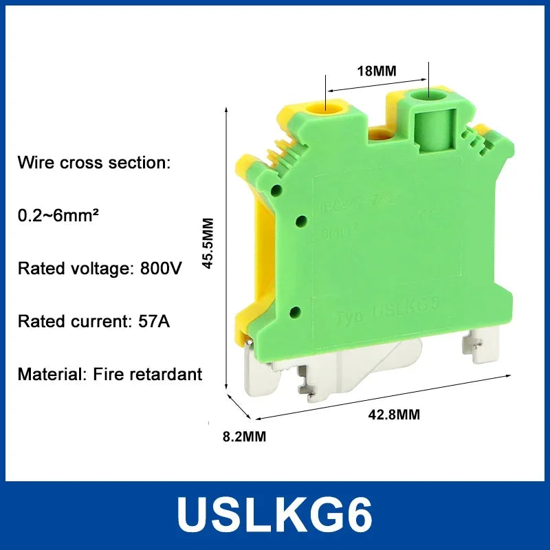 5Pcs USLKG-2.5/3/5/6/10N Terminal Block UK Yellow Green Ground Terminal Block Two-color 34A-101A 800V Rail Ground Terminal Block