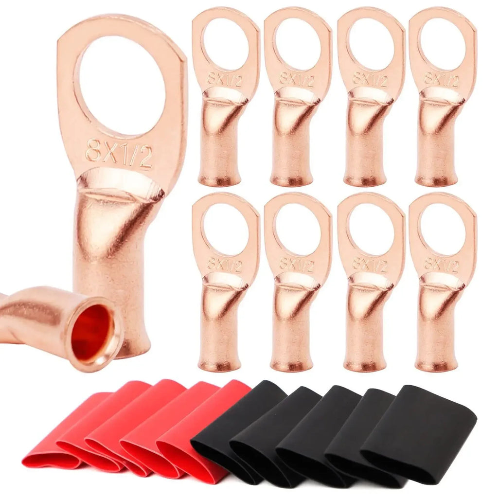 10pcs Copper Terminal Connectors, AWG 2 4 6 8 1/0 2/0 Ring Lug With Shrink Tubing 10Battery Cable Lugs, With 10 Shrink Tubing