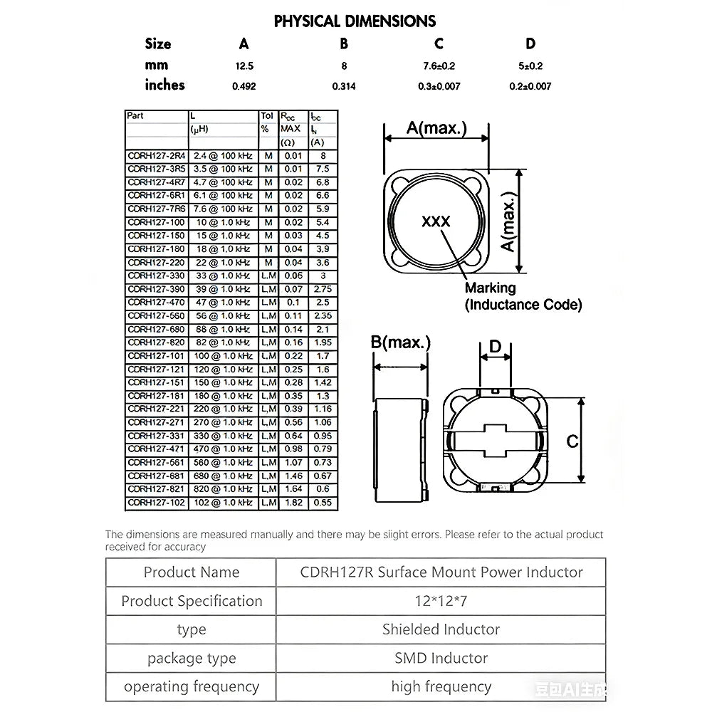 100PCS SMD Power Inductor CDRH127 CD127 1mH 2.2uH 3.3uH 4.7uH 6.8uH 10uH 15uH 22uH 33uH 47uH 68uH 100uH 101 UH Chip Inductor