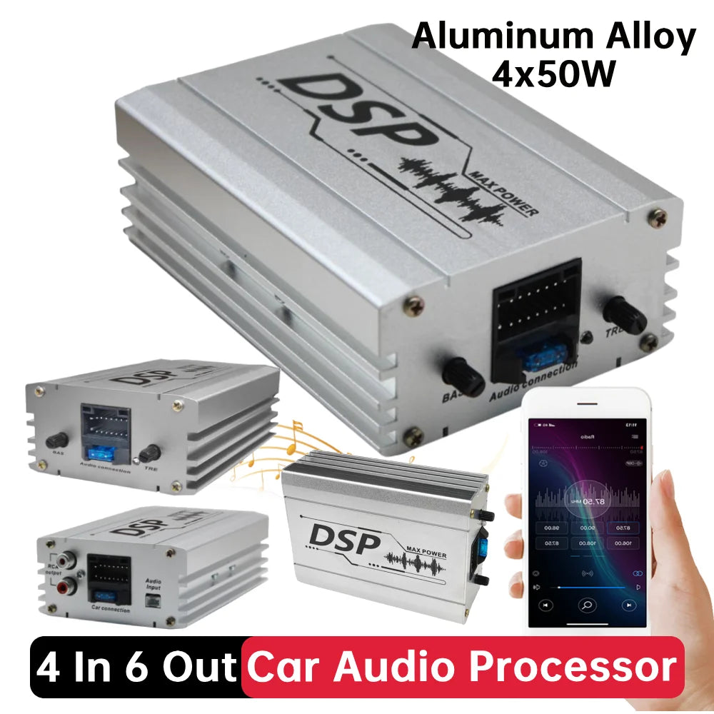 4 In 6 Out  Car Audio DSP with Smartphone App Control Adjustable Bass Treble USB Digital Sound Signal Processor W/ Power Cord