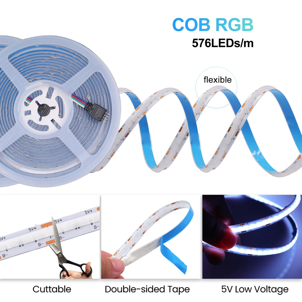 5V RGB COB LED Strip 576LEDs/m Bluetooh App IR Remote Control USB RGB LED Strip Flexible Tape for TV Backlight Room Decoration