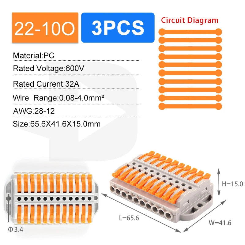 Quick Butt Lever Crimp Terminals Wire Connectors 2-12 Way With Fixing Holes Push-In Universal Compact Electrical Terminal Block
