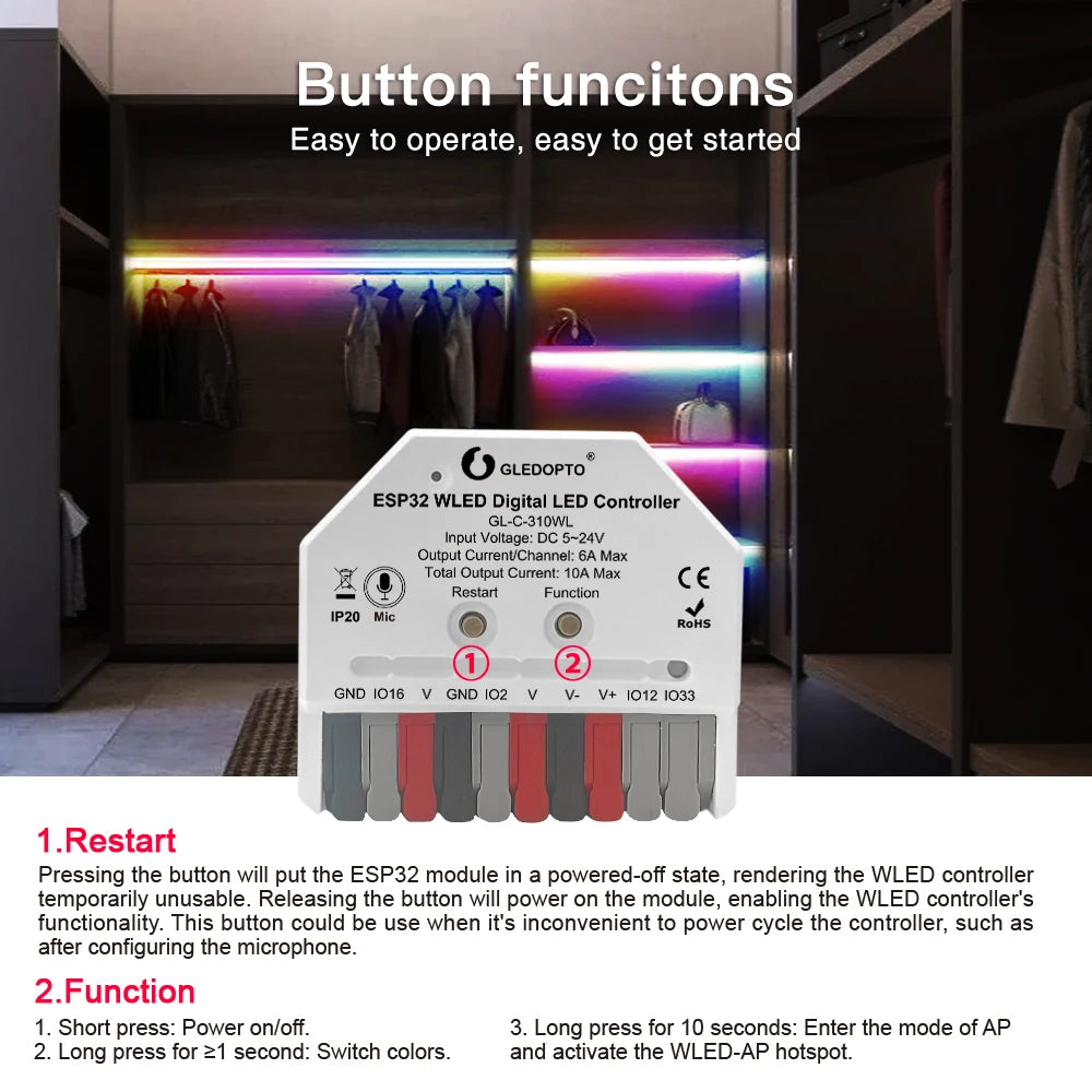 GLEDOPTO ESP32 Mini WLED LED Controller With Mic DIY Music Dynamic Modes Digital WS2811 WS2812 SK6812 TM1814 WS2813 WS2815 Strip
