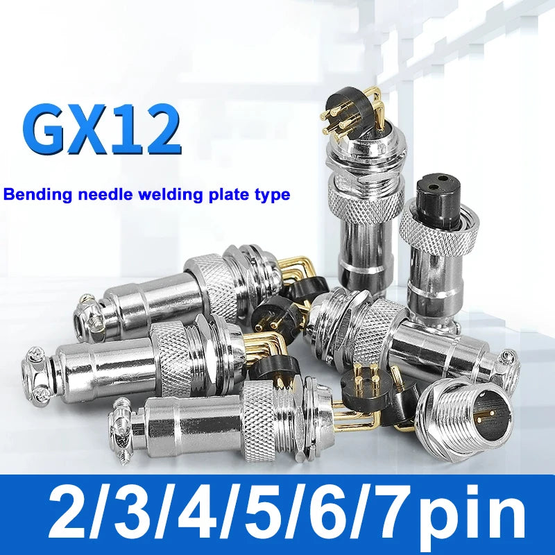 GX12 M12 PCB Aviation Plug Socket, 2/3/4/5/6/7Pin Gold Plated Copper Bent 90 Right Angle Solder Board Circuit Board Connector