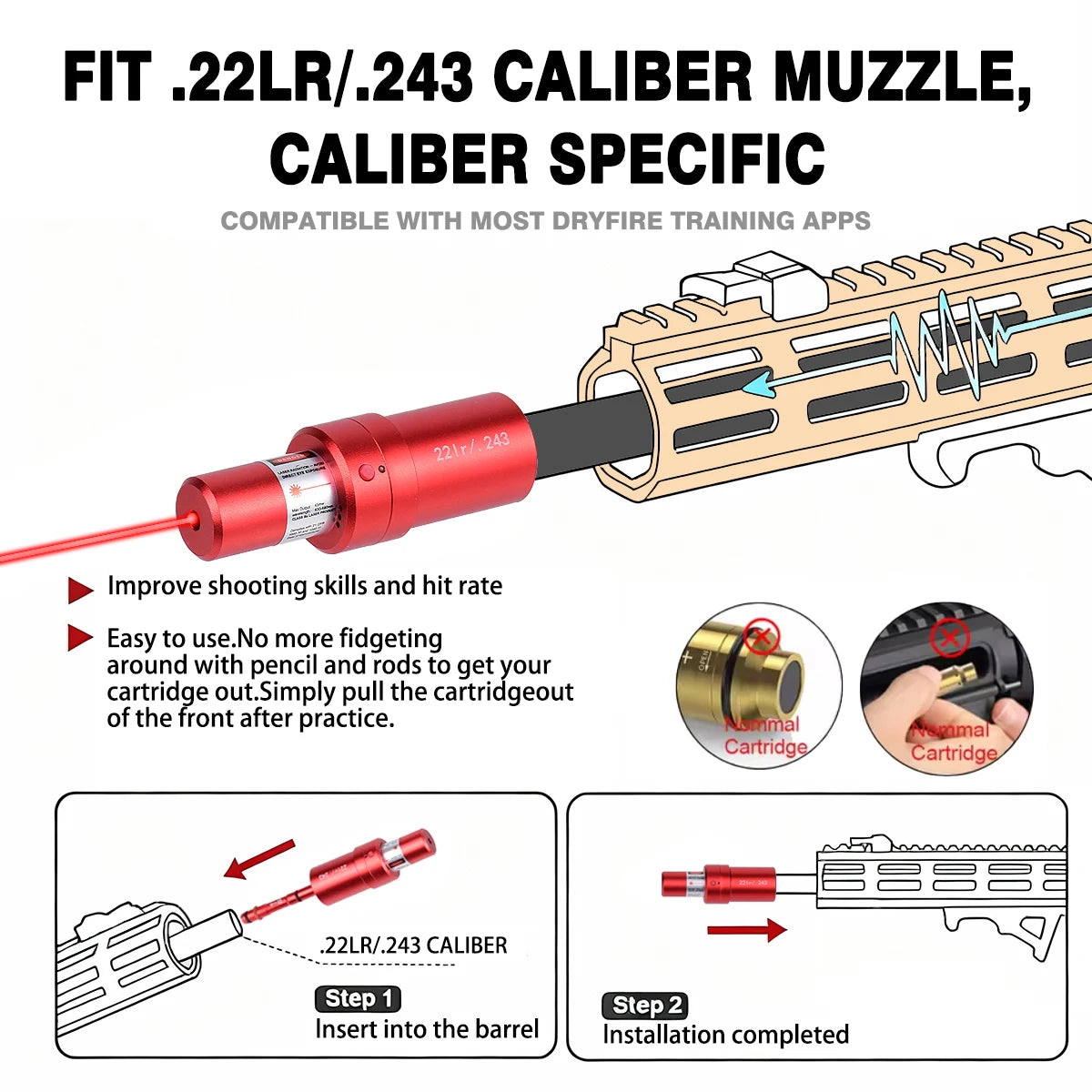 9mm 38SPL 22LR 12GA CAL177 7mm 6.5mm Training Bullet Bore Sight Voice Controlled Laser Dual-purpose for Training and Calibration