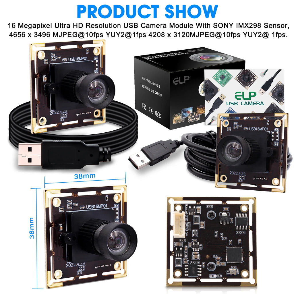 ELP 16MP USB Camera Module Wide Angle PC Webcam with Micro Distortion Lens IMX298 Industrial Lightburn Camera for Raspberry Pi