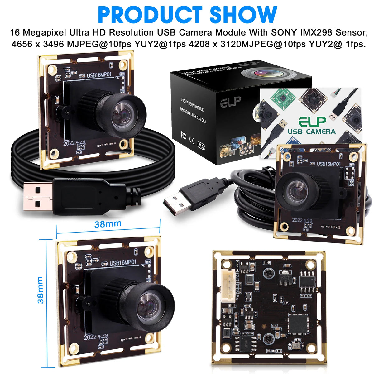 ELP 16MP USB Camera Module Wide Angle PC Webcam with Micro Distortion Lens IMX298 Industrial Lightburn Camera for Raspberry Pi