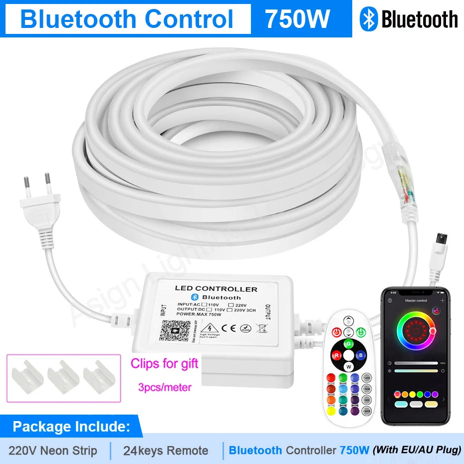 30M 20M 10M RGB LED Neon Strip Light 220V Decor Home Lighting Waterproof Flexible LED Ribbon Remote/Bluetooth/Tuya WiFi Control
