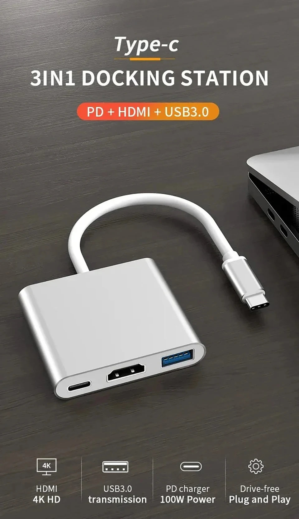 3 IN 1 3.0 USB Multi-function HUB For Samsung Galaxy S23 S22 Ultra Type-C To HDMI Adapter Note 20 10 iPhone 15 16 5G OTG Adapter