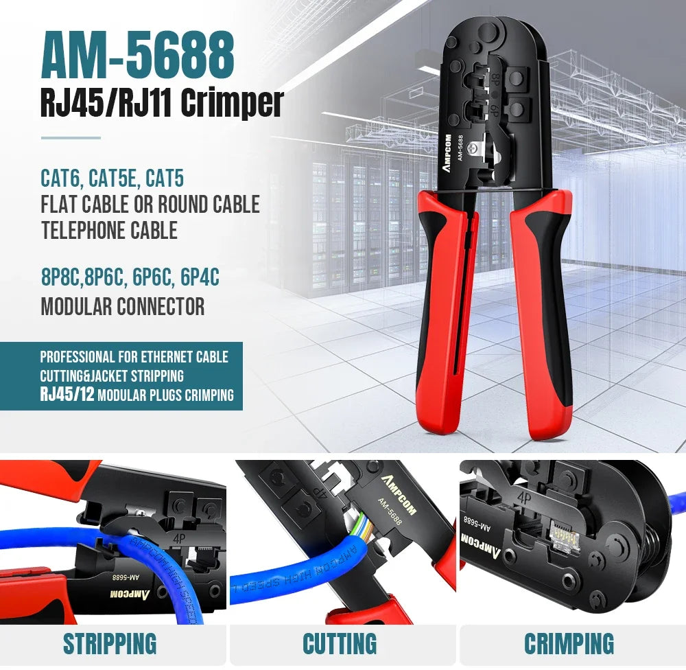 AMPCOM Network Tool Kit, Lan Tester RJ45 Crimper Cat6 CAT5E Connectors RJ11 Punch Down Tool Wire Stripper Pliers Ethernet Cable