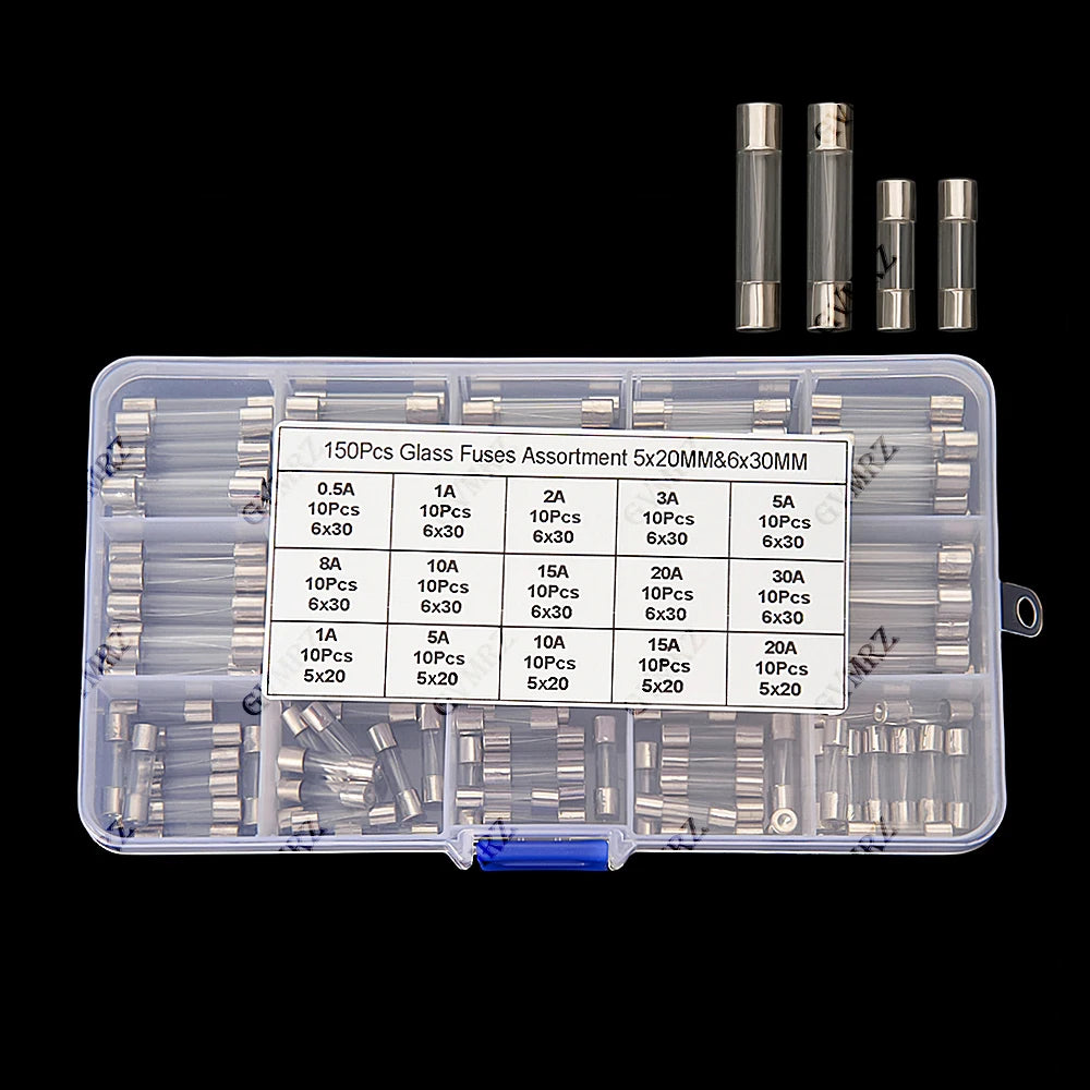 150PCS 0.25A-30A 15value 0.25A 0.5A 1A 2A 3A 5x20mm 6x30mm Glass Fuse Assorted Kit Box 5A 8A 10A 15A 20A 30A