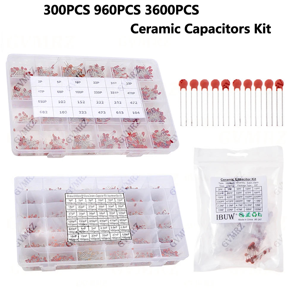 300PCS 960PCS 3600PCS Electronic Components Package Capacitor Assorted Samples DIY Kit Ceramic Capacitors Kit