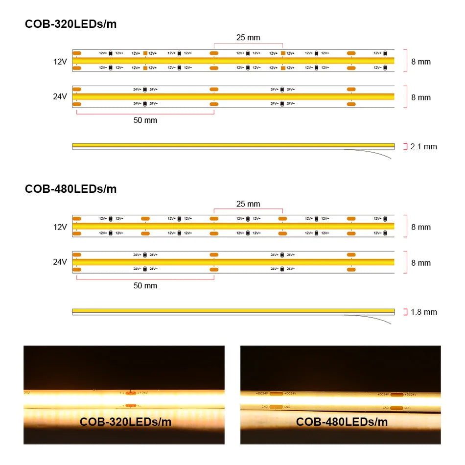 UL Listed COB LED Strip Light 320 480 LEDs/m 16.4ft High Density Flexible Tape Ribbon 3000-6500K RA90 Led Lights DC12V 24V