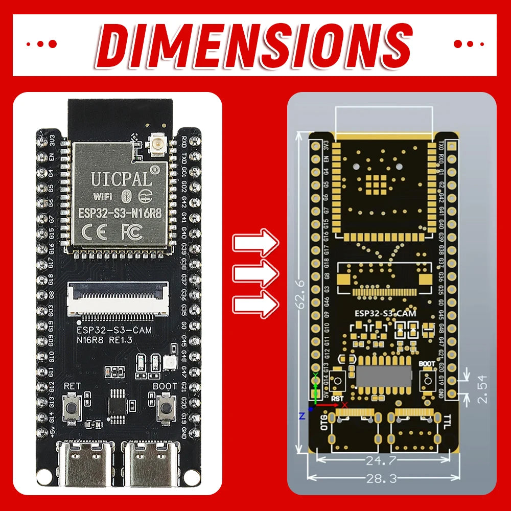ESP32 S3 N16R8 Development Board with Extend 2.4G Wifi Module for Camera Module OV2640 8MB PSRAM 16MB FLASH ESP32 S3 CAM Type-C
