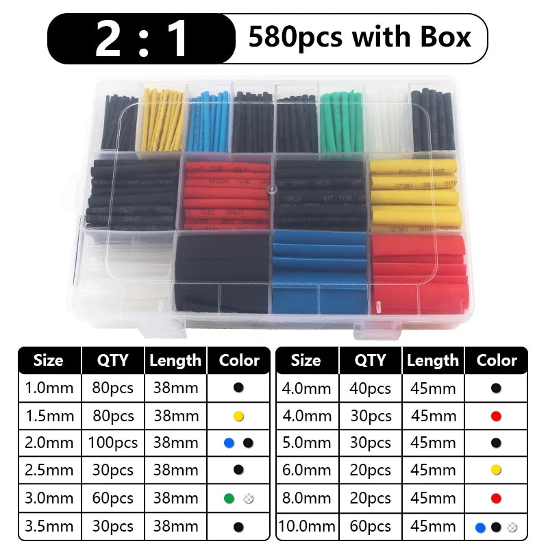 102-750pcs 2:1 Thermoresistant Tube Heat Shrink Wrapping Kit Assorted Wire Cable Insulation Sleeving 3:1 Heat Shrink Tube Set