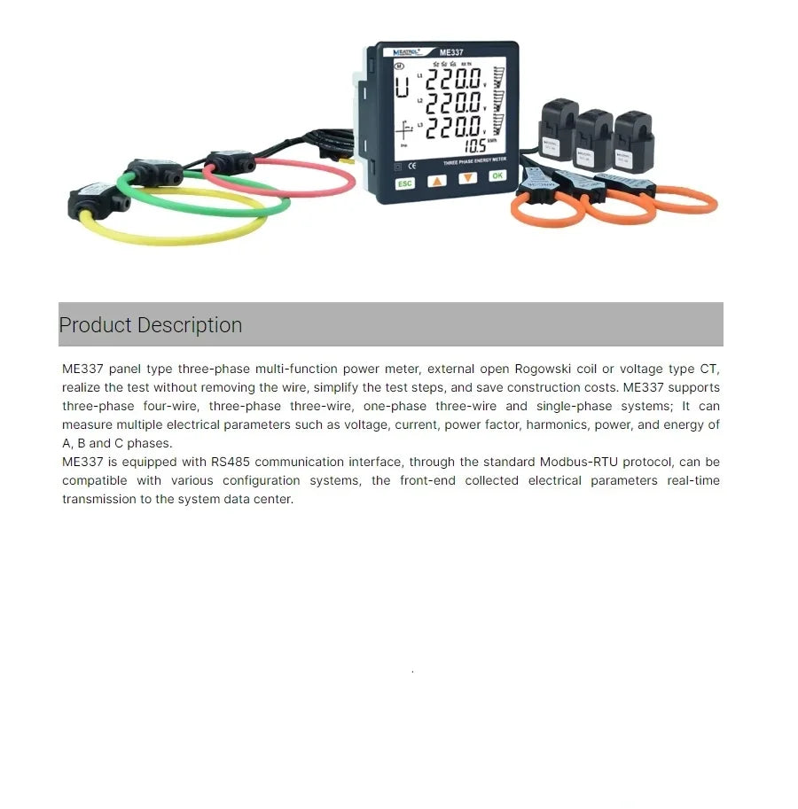 Three Phase Multi-function Smart Meter ME337 RS485 Rogowski coil LCD Digital Power Energy Panel meter