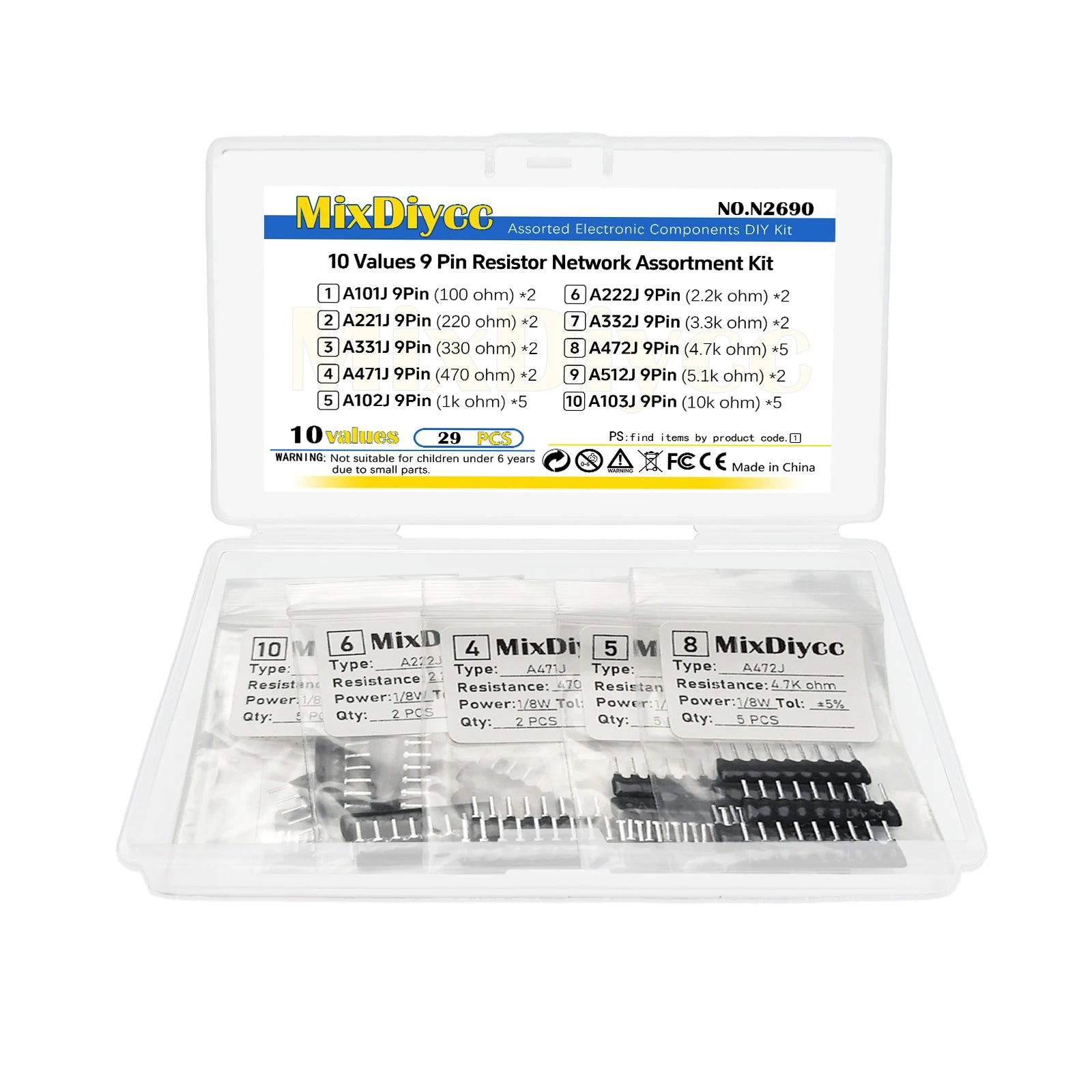 10 Values 9 Pin Radial Network Resistor Kit A101J A221J A331J A471J A102J A222J A332J A472J A512J A103J DIP Array Total 29 Pcs