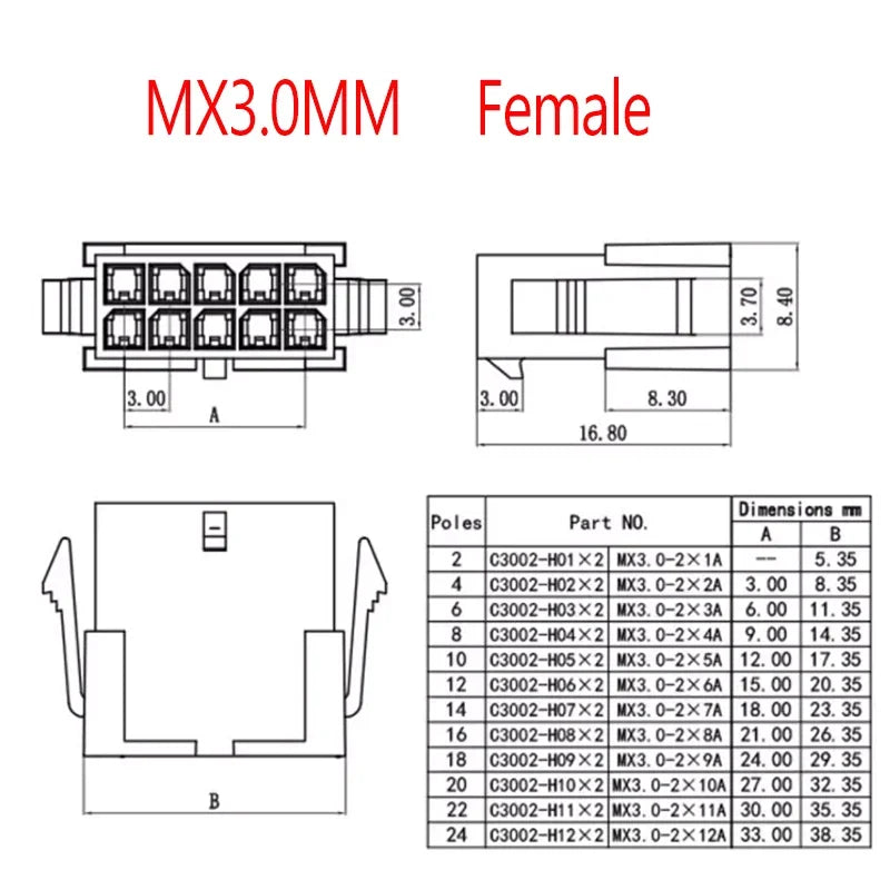 10PCS MX3.0 3.0mm Pitch Micro-Fit 3.0 Double Row Connector Housing 2*1/2/3/4/5/6-12Pin Male Female Housing Terminal 43030 43025