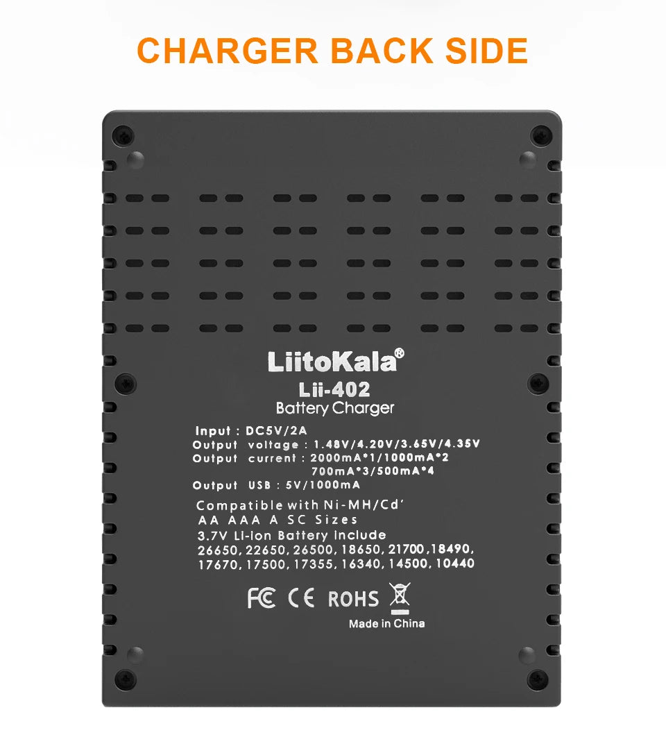 LiitoKala Lii-402 Universal Smart Battery Charger Compatible with Multiple Sizes Including 18650, 26650, 18500 Batteries