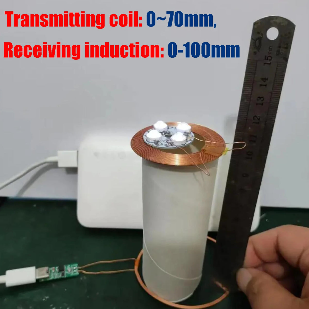 100mm Type-C USB Wireless Power Supply Module Transmitter Coil + Induction Receiver Lamp LED Light for Model Magnetic Levitation