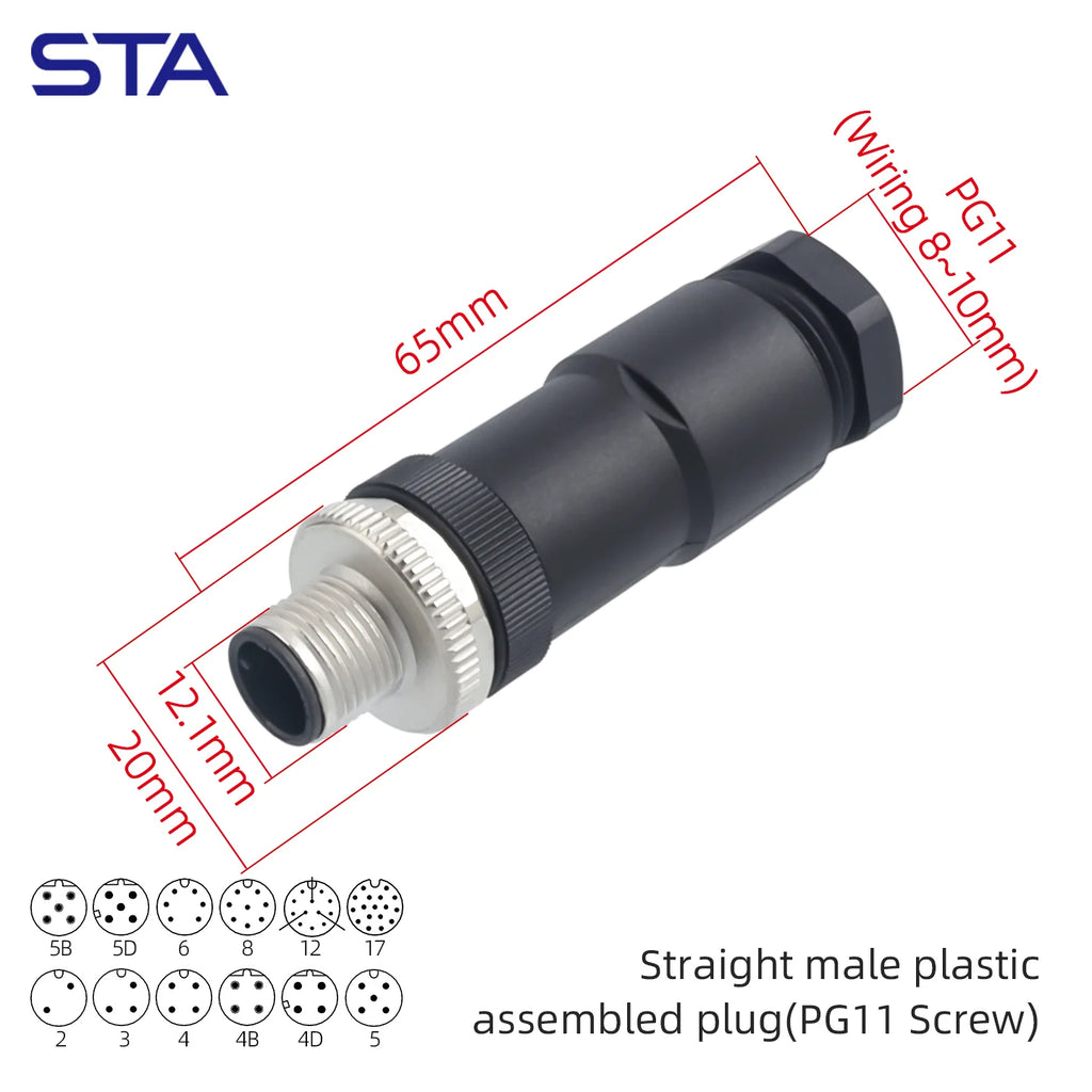 M12 Screw Termination Plastic Field Plug NMEA2000 5 Pin Straight Angled IP67 Waterproof 3 4 6 8 Poles Sensor Connectors PG7 PG9