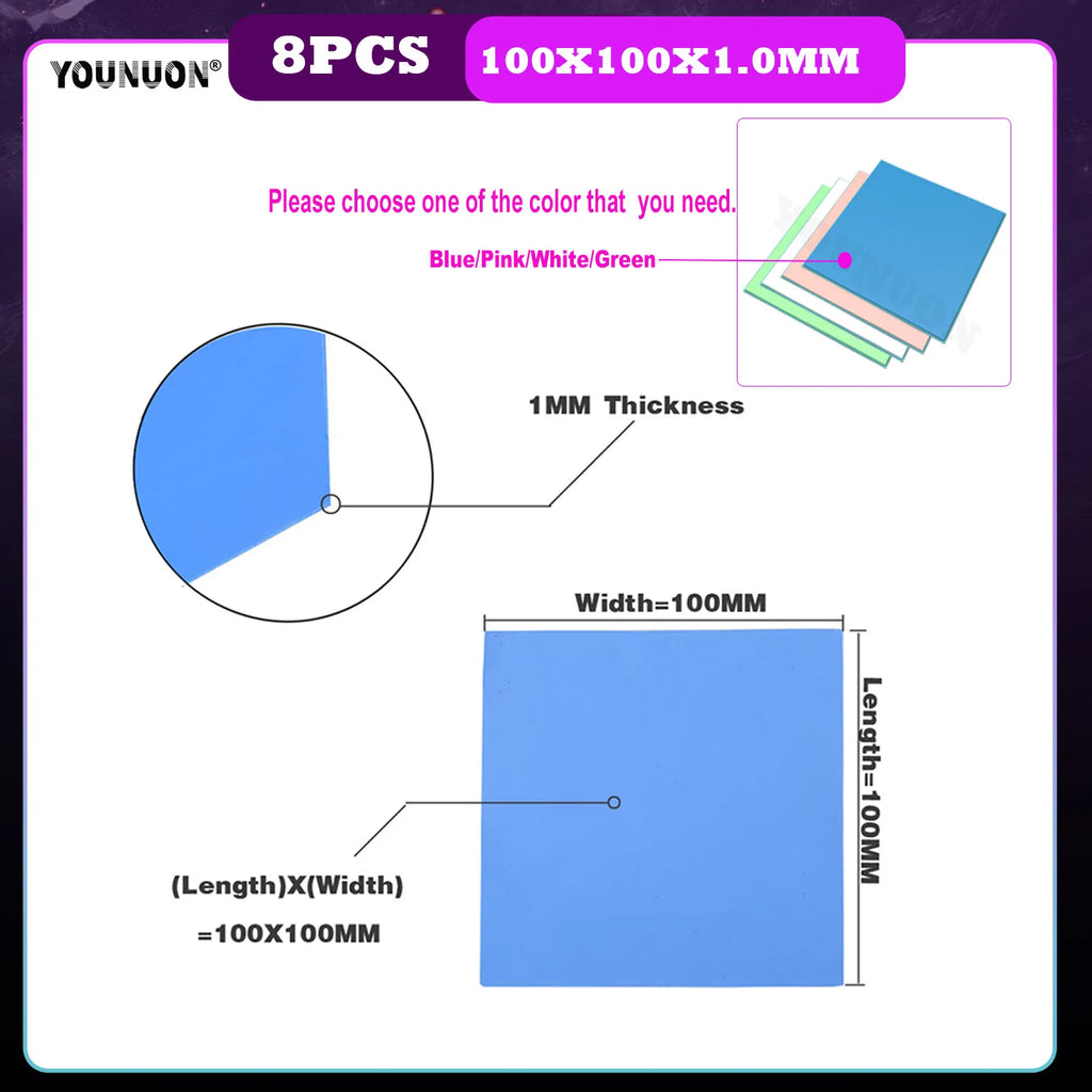8 Pieces 100x100x0.5mm 1mm 1.5mm 2mm 2.5mm 3mm 4mm 5mm Blue White Green Combination Thermal Pads Cooling Conductive Silicone