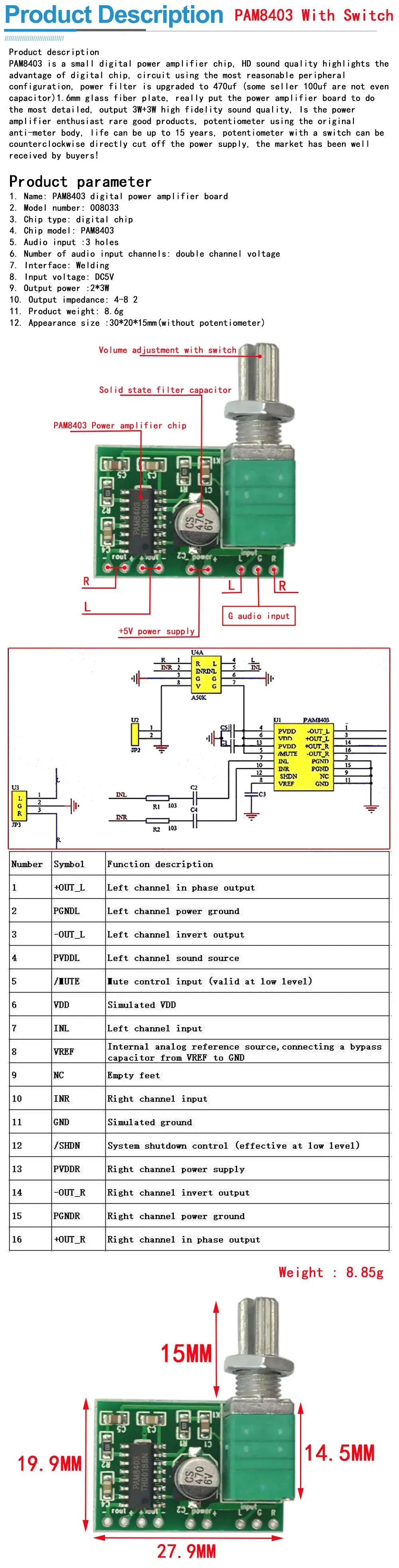 Bluetooth 5.0 PAM8403 MINI Digital Amplifier Board 2 * 3W Class D Digital DC 2.5V To 5V Power Speaker Module With Potentionmeter