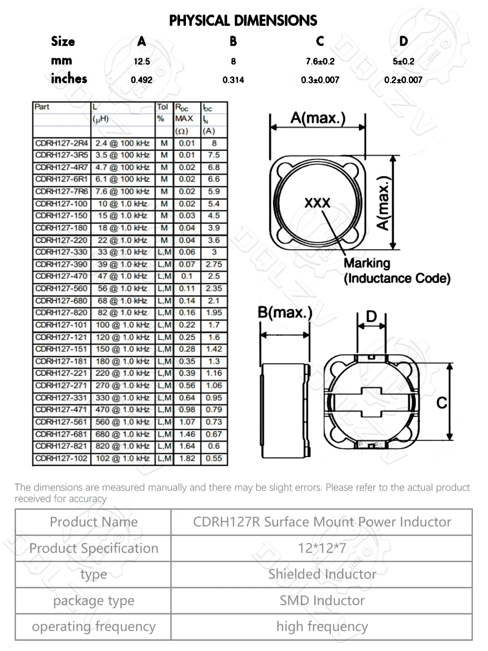 CDRH127 CD127 CDRH127 10 /15/ 22 / 33 / 47 / 68 UH 12*12*7 SMD Power inductor 1mh 2R2 3R3 4R7 6R8 Chip Inductor 100UH 101