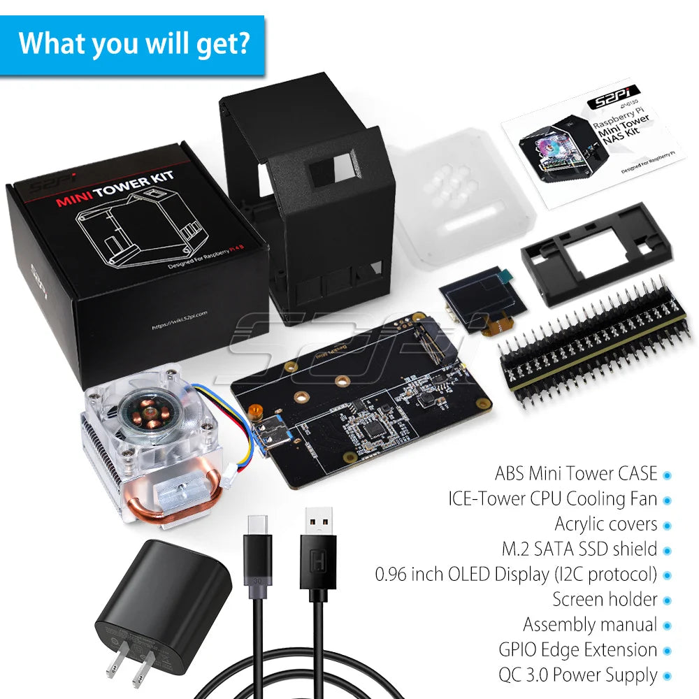 52Pi Raspberry Pi 4 Model B ABS Mini Tower NAS Kit with Ice Tower 0.96 Screen Dispaly Power Adaptor