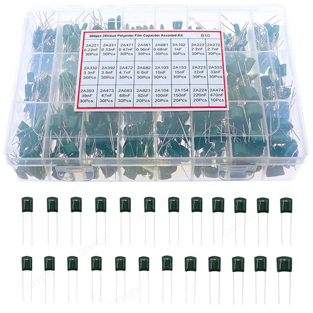 100V-630V Polyester Film Capacitor Assorted kit 2A221 3A471 2A681 2A102 2A222 2A392 2A472 2A682 2A103 2A223 2A333 2A224 2A474
