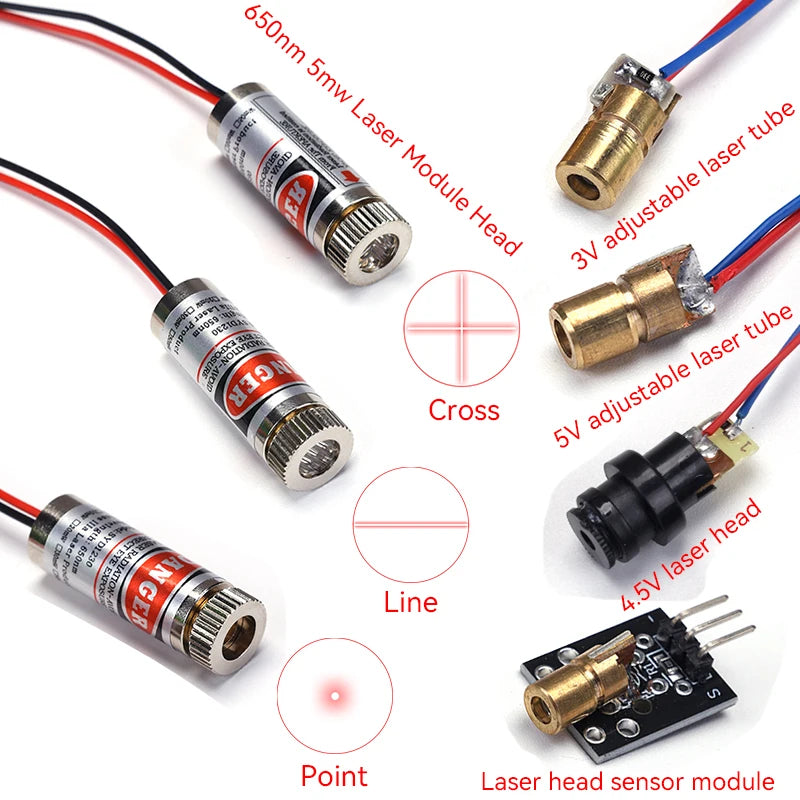 10Pcs/1PC 650nm 5mW Laser Module Head Industrial Class Point/Line/Cross Focusable Glass Lens Adjustable Laser Diode for Industri