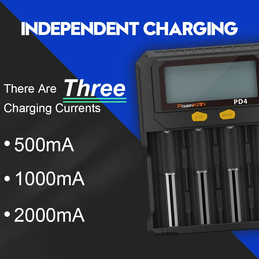 POWERKAN PD4 Smart Battery Charger with LCD Display Capacity Test for 18650 21700 26650 Li-ion Ni-MH Rechargeable Batteries