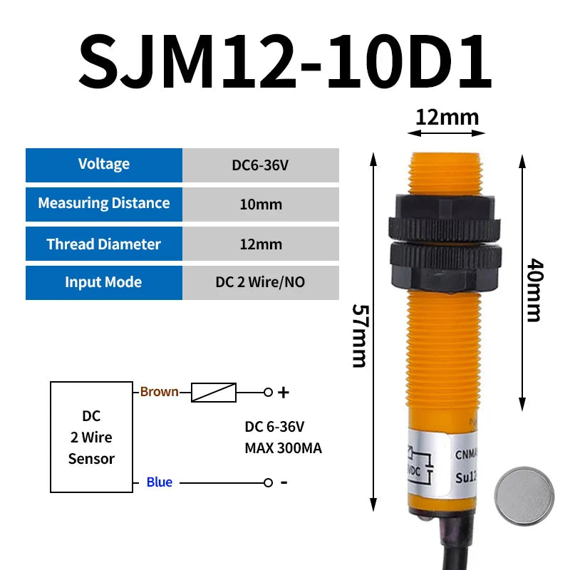 SJM12-10D1 Metal Hall Sensor Plastic Magnetic Proximity Switch M12 NPN DC 6-36V Normally Open 200mA DC 2 Wire NO 10mm