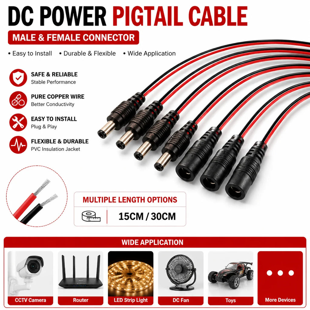 5.5 2.1mm Male Female DC Power Pigtail Connector Cable 12V 5A DC Barrel Plug Terminals for LED Strips CCTV Camera Power Adapter