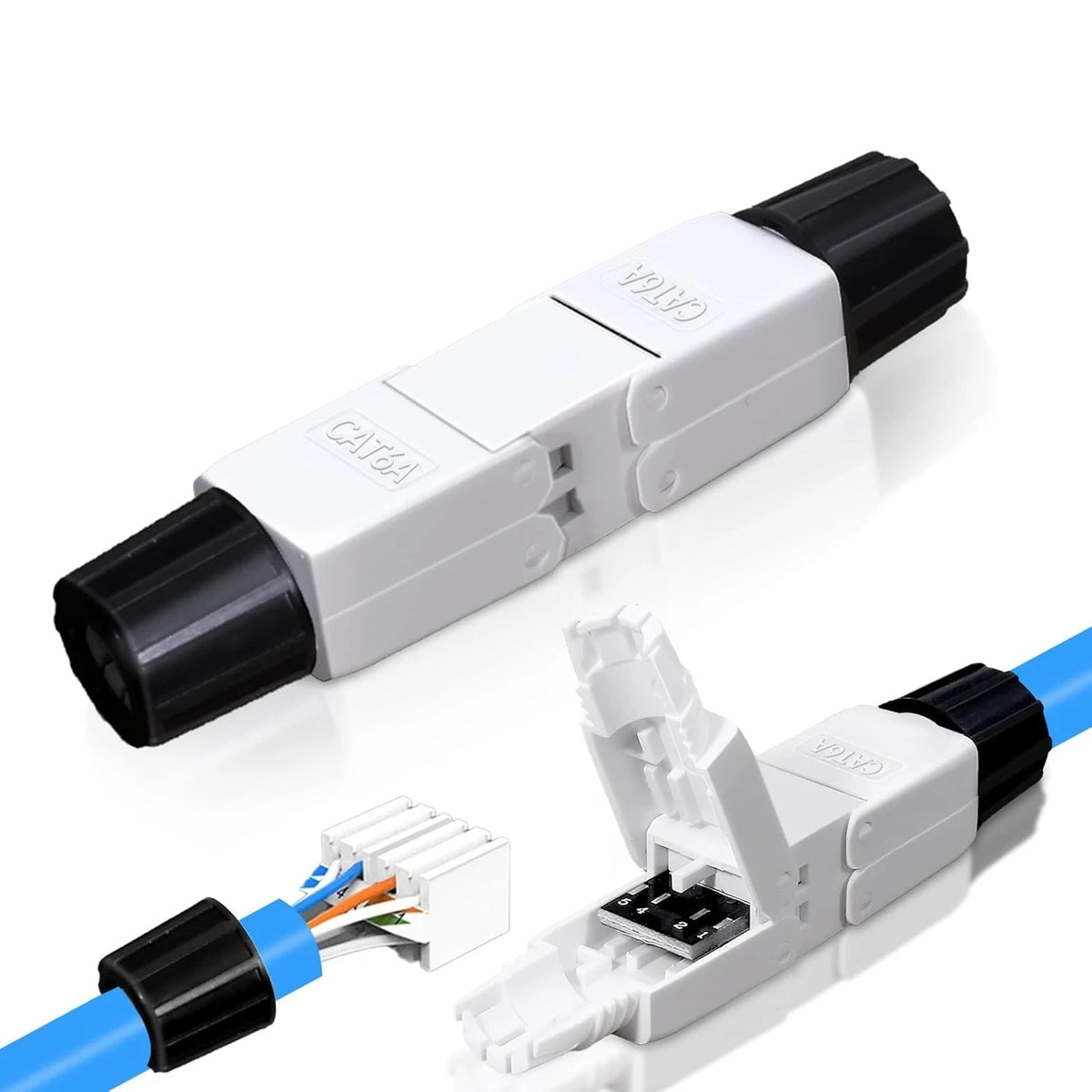 Tool Free RJ45 Cable Extender Junction Adapter, CAT6A CAT7 Ethernet Coupler Network Cable Extension Connector Toolless