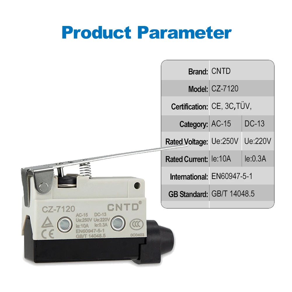 CNTD CZ‑7120 Limit Micro Switch TZ AZ‑7120 Equivalent High Roller Short Lever 10A 250V 1NO 1NC IP64 Snap Action 100% GENUINE