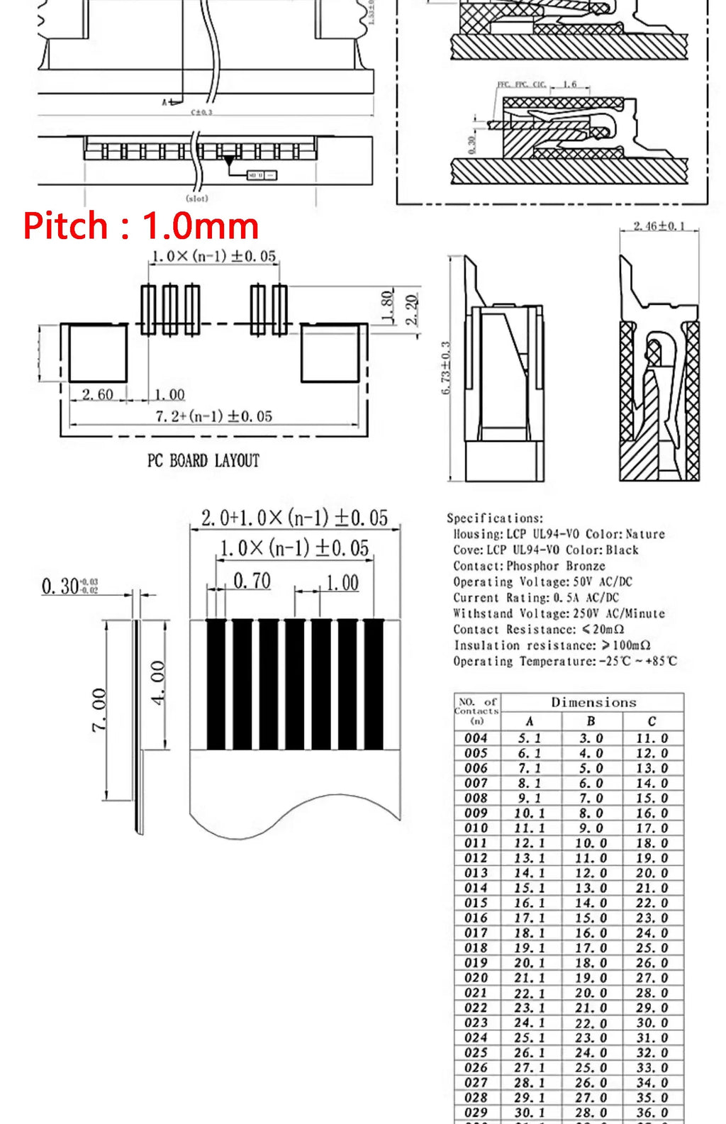 0.5mm 1.0mm FPC FFC Connector Flat Cable PCB SMT ZIF 4 5 6 7 8 10 12 16 18 20 26 28 30 32 36 40 50 54 60P Upper Contact Type